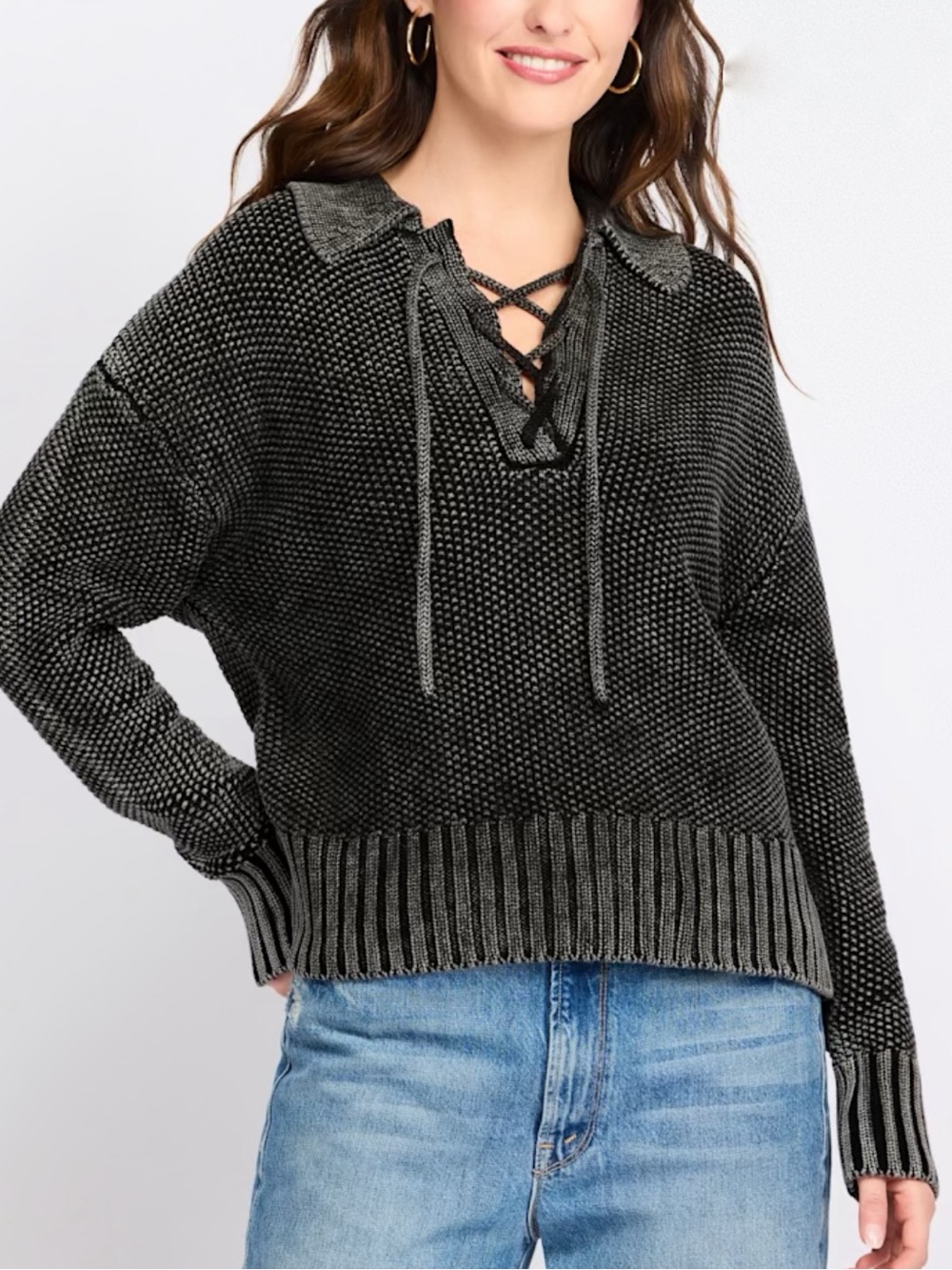 Charcoal Lace-Up V-Neck Knit Sweater
